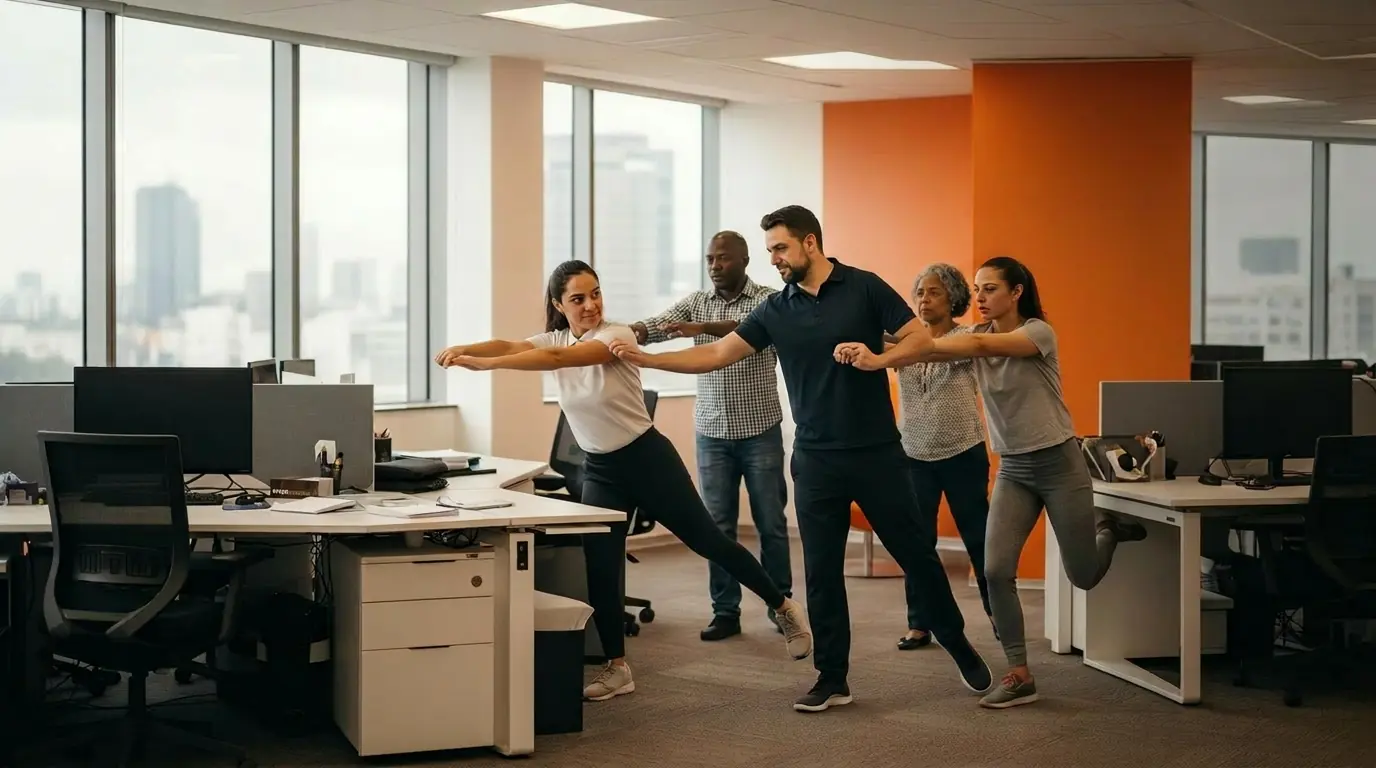 Sessão de ginástica laboral em ambiente corporativo